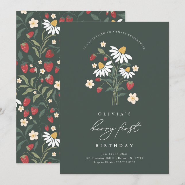 Convites Berry First Birthday Strawberry (Frente/Verso)