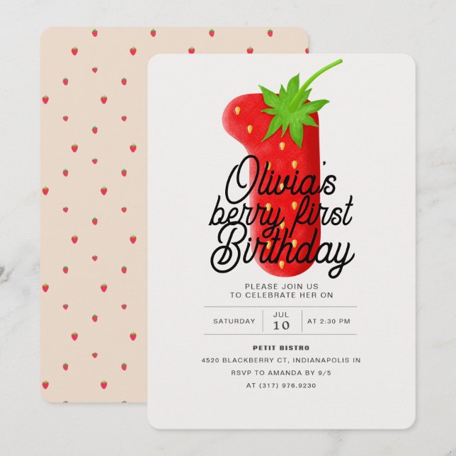 Convites Berry First Birthday Strawberry (Frente/Verso)
