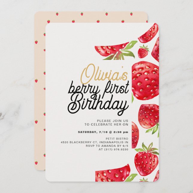 Convites Berry First Birthday Strawberry (Frente/Verso)