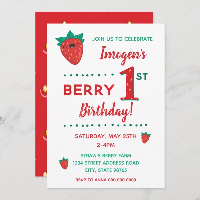 Convites Berry First Birthday Strawberry (Frente/Verso)