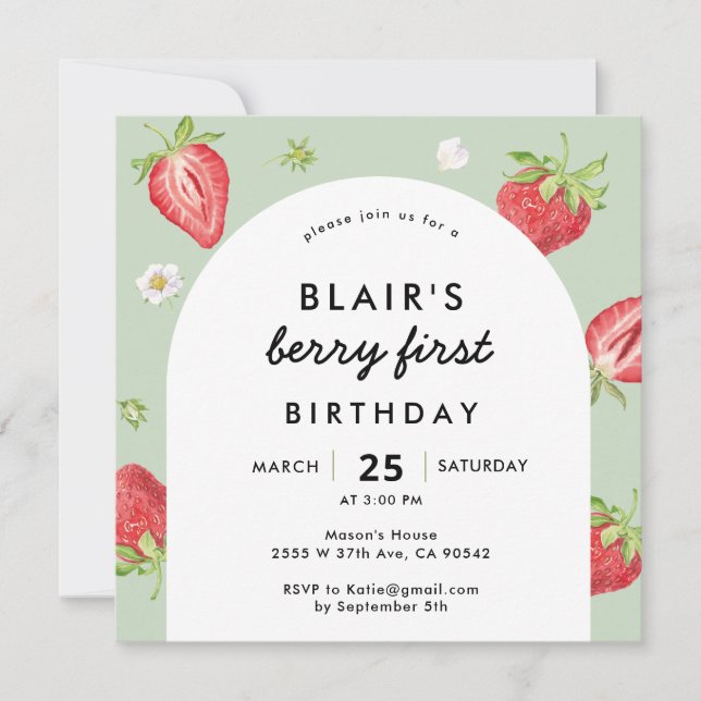 Convites Berry First Birthday Strawberry Arch Square (Frente)
