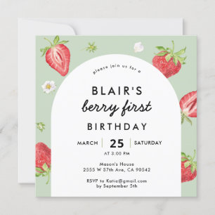 Convites Berry First Birthday Strawberry Arch Square