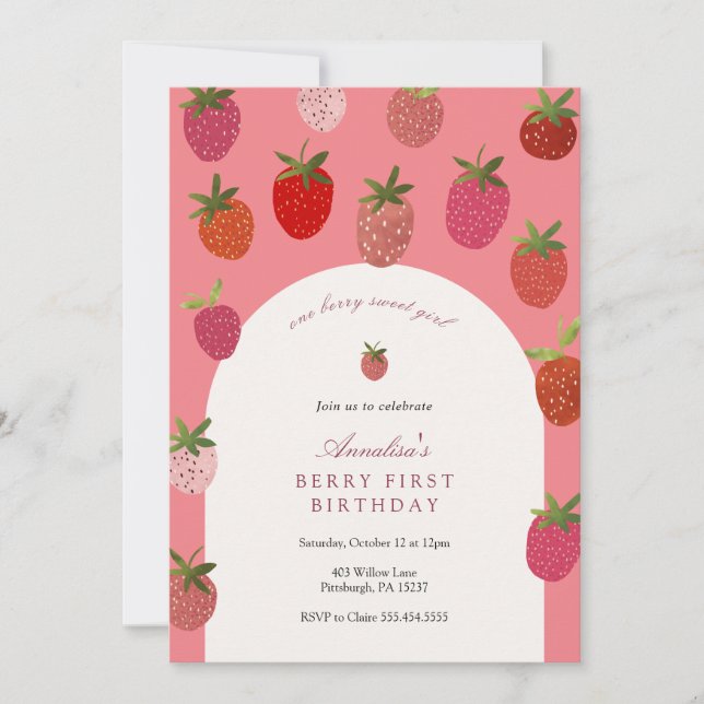 Convites Berry First Birthday Strawberry Birthday (Frente)