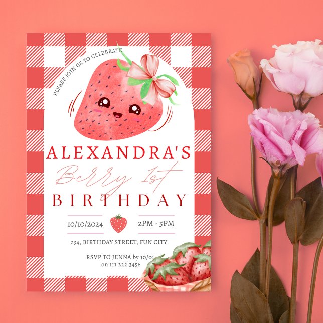 Convites Berry First Birthday Strawberry Girl primeiro aniv (Berry First Birthday Strawberry Girl 1st Birthday Invitation)