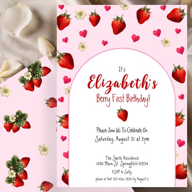 Convites Berry First Birthday Strawberry Red e Pink 1rua (Criador carregado)