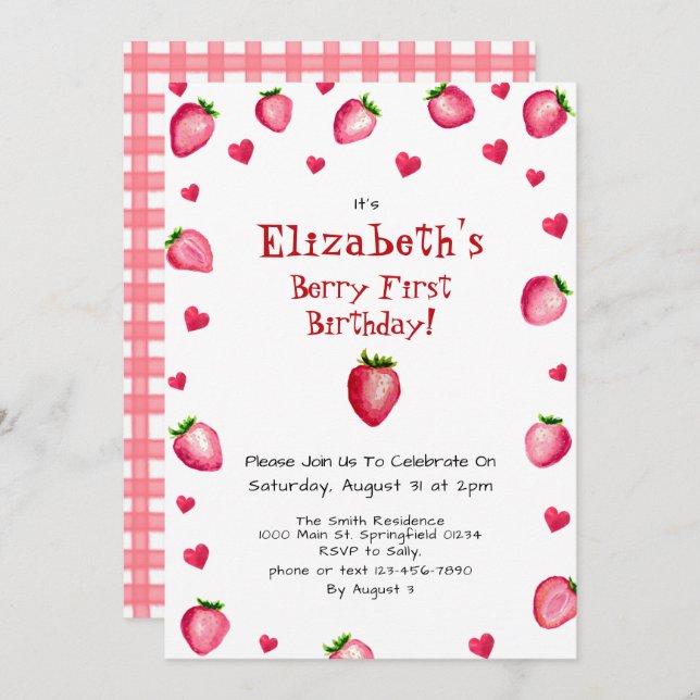 Convites Berry First Birthday Strawberry Summer Gingham 1 r (Frente/Verso)