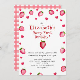 Convites Berry First Birthday Strawberry Summer Gingham 1 r