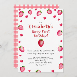 Convites Berry First Birthday Strawberry Summer Gingham 1 r