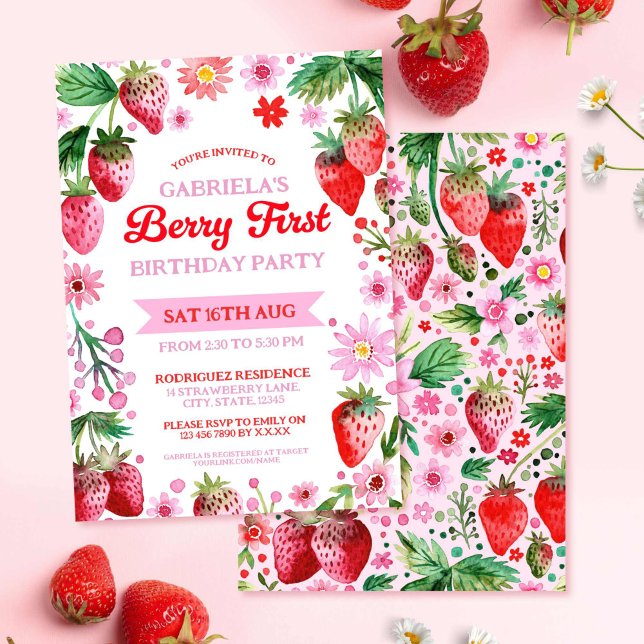 Convites Berry First Birthday Watercolor Morangos (Berry First Birthday Watercolor Strawberries Invitation)
