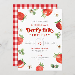 Convites Berry First Birthday Watercolor Strawberry Gingham