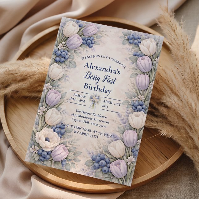 Convites Berry First Blue Floral Garden 1st Birthday (Criador carregado)