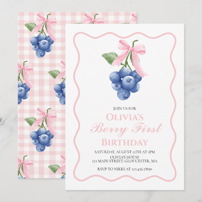 Convites Berry First Blueberry Pink Arco Coquette aniversár (Frente/Verso)
