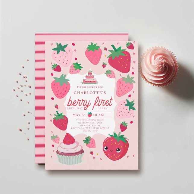 Convites Berry First Cute Strawberry Frame Red primeiro ani (berry first birthday invitation 1st party girl pink red watercolor strawberries cute frame)
