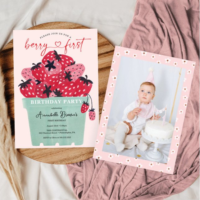 Convites Berry First Festa de aniversário com Photo Strawbe (Berry First Birthday Invitation)