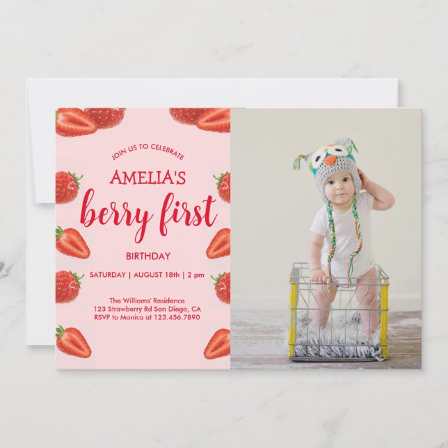 Convites Berry First | Foto rosa primeiro aniversario de mo (Frente)