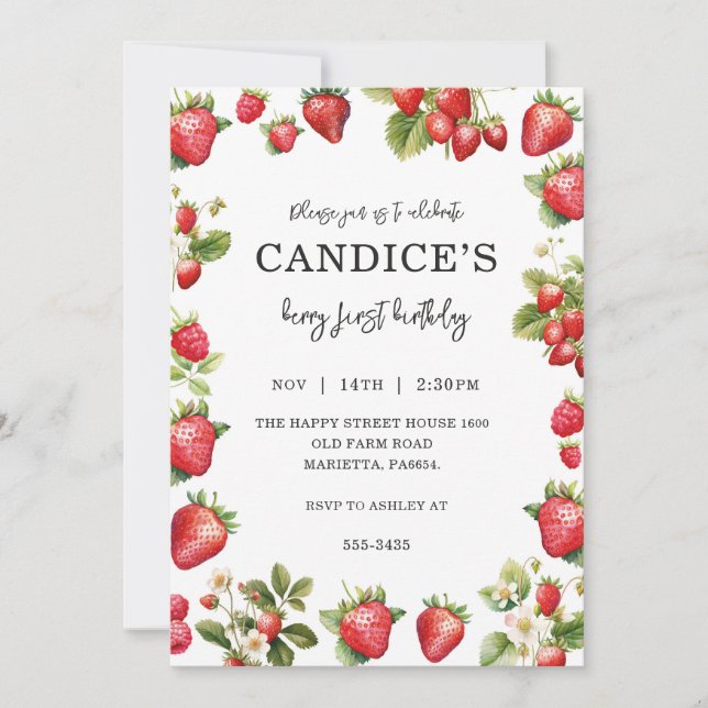 Convites Berry First Invitation for Birthday Fruit Party  (Frente)