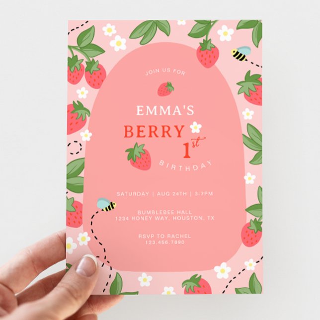 Convites Berry First Pink Strawberry Bees Birthday Party (Criador carregado)