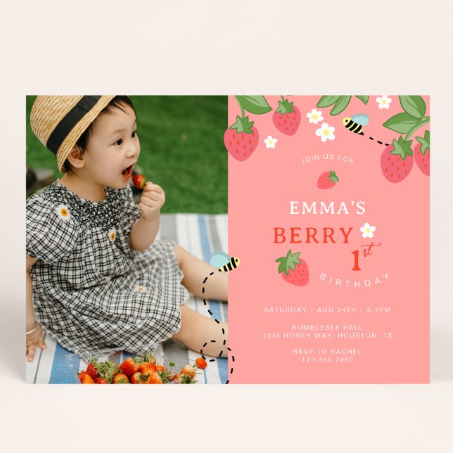 Convites Berry First Pink Strawberry Bees Birthday Party (Criador carregado)