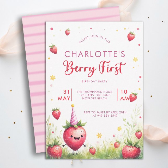 Convites Berry First Pink Strawberry Patch 1st Birthday (berry first birthday party invitation girls cute strawberry 1st watercolor farmhouse cottage patch)