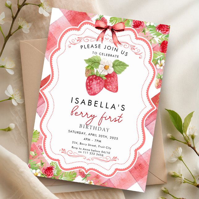 Convites Berry First Strawberry 1rua Verão Gingham (Berry First Strawberry 1st Summer Birthday Gingham Invitation)