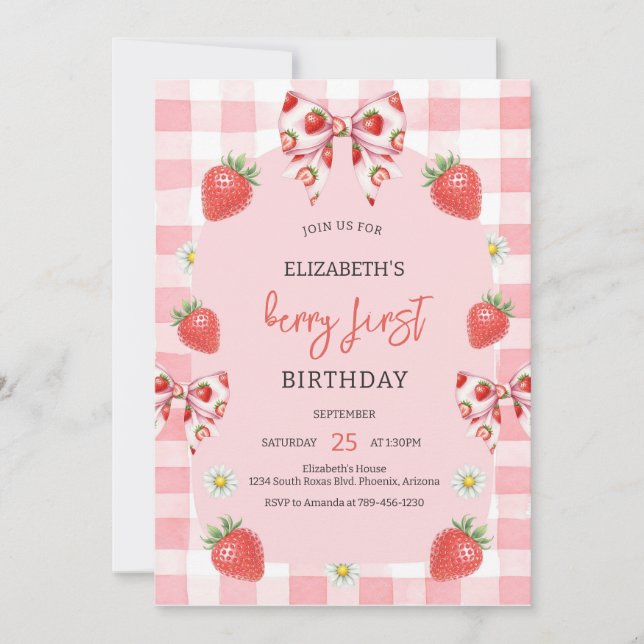 Convites Berry First Strawberry 1st Birthday Invitation (Frente)