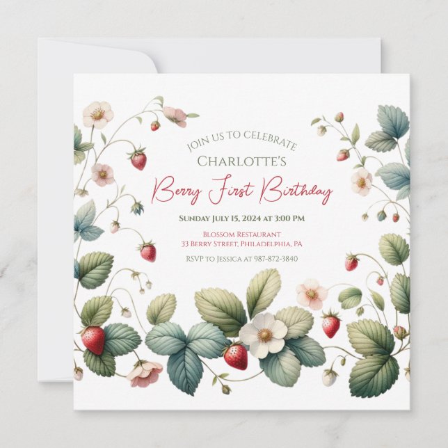 Convites "Berry First" Strawberry Aniversário (Frente)