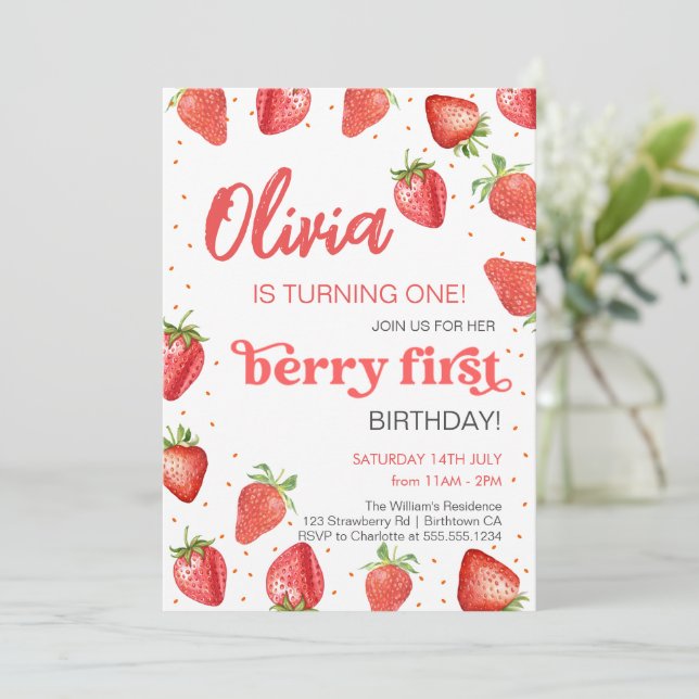 Convites Berry First Strawberry Birthday (Em pé/Frente)