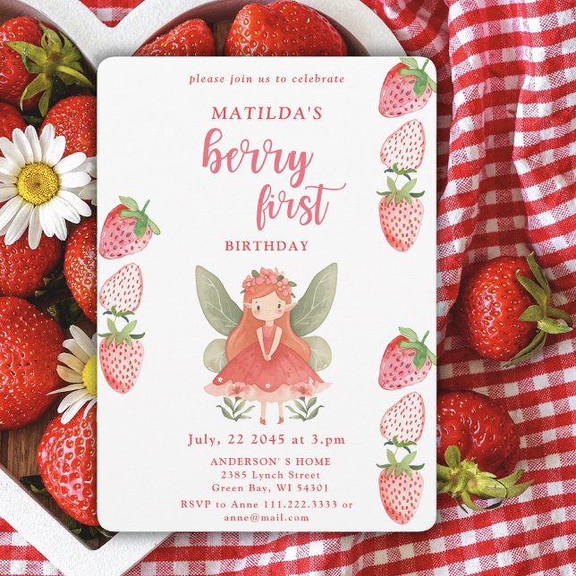 Convites Berry First Strawberry Fairy primeiro aniversario (Criador carregado)