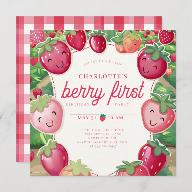 Convites Berry First Strawberry Frame Sweet primeiro aniver (Frente/Verso)