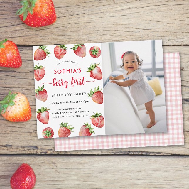 Convites Berry First Strawberry Photo Baby Birthday (Criador carregado)
