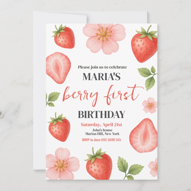 Convites Berry First Strawberry primeiro aniversario (Frente)