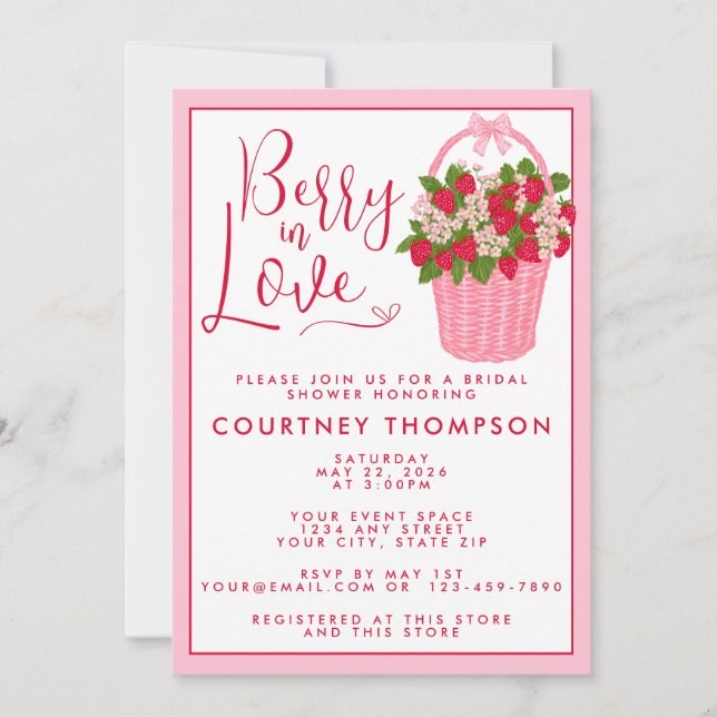 Convites Berry In Love Pink & Red Strawberry Bridal Shower (Frente)