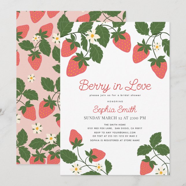 Convites Berry in Love Pink Strawberry Floral Bridal Shower (Frente/Verso)