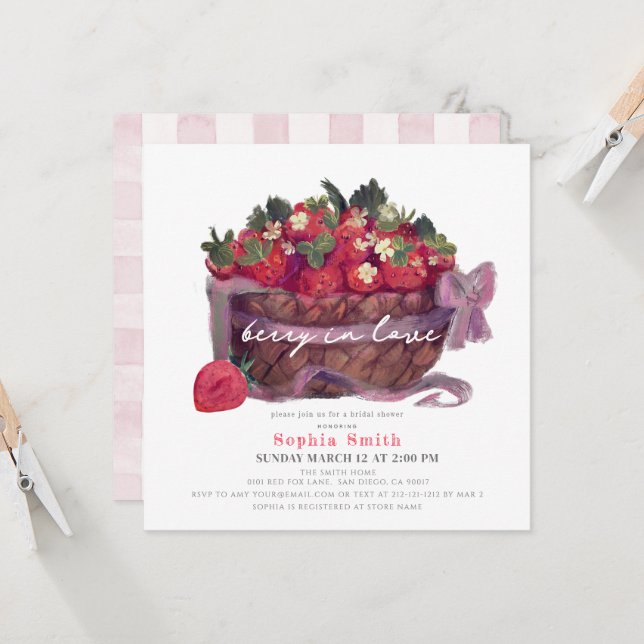 Convites Berry in Love Strawberry Bow Basket Bridal Shower (Frente/Verso In Situ)