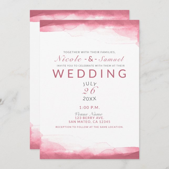 Convites Berry Mauve Pink Watercolor Modern Chic Wedding (Frente/Verso)