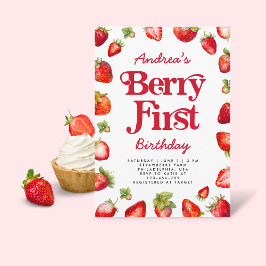 Convites Berry Modern First Strawberry Birthday para Menina