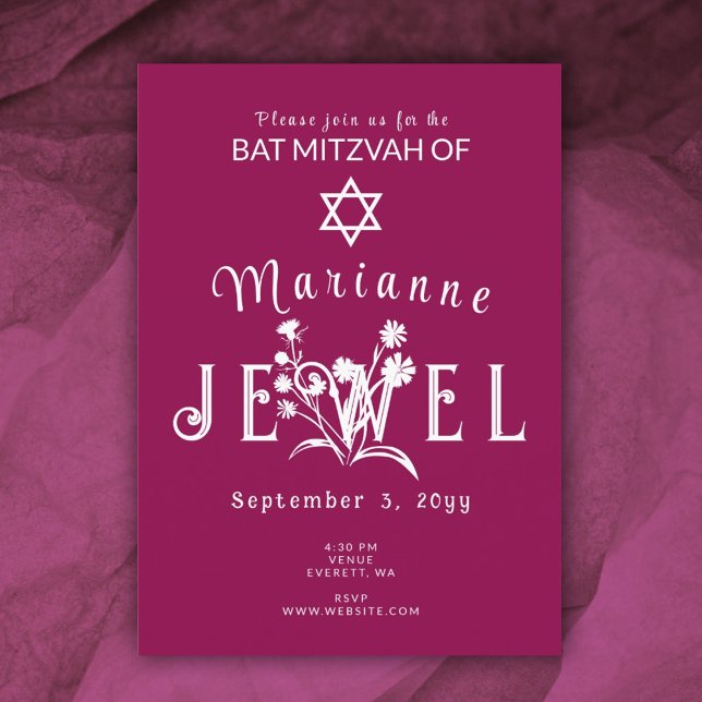 Convites Berry Pink Botânico Bat Mitzvah Flor Selvagem (magenta pink burgundy bat mitzvah floral botanical invitation wild flowers)
