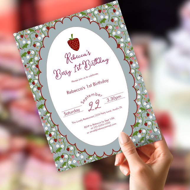 Convites Berry Primeiro Aniversário Morango 1º Aniversário  (Criador carregado)