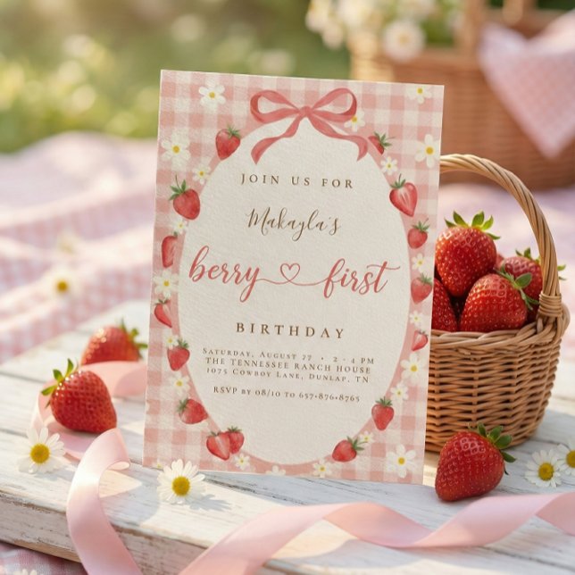 Convites Berry Primeiro Aniversário Morango Rosa Xadrez (Criador carregado)