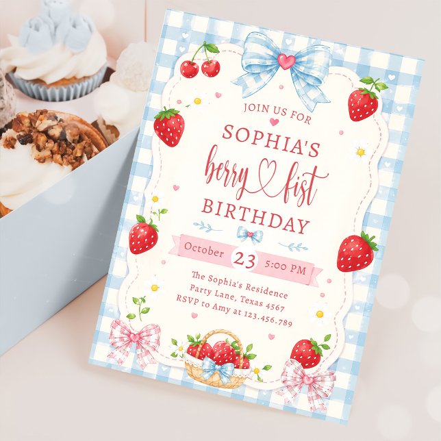 Convites Berry Primeiro Fofo Aniversário de 1 ano Morango  (Criador carregado)