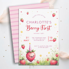 Convites Berry Primeiro Morango Rosa Aniversário de 1 ano