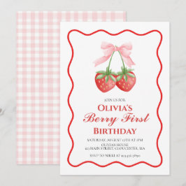 Convites Berry Primeiro Morango Rosa Laço 1º aniversário