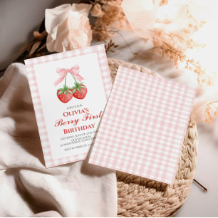 Convites Berry Primeiro Morango Rosa Laço 1º aniversário
