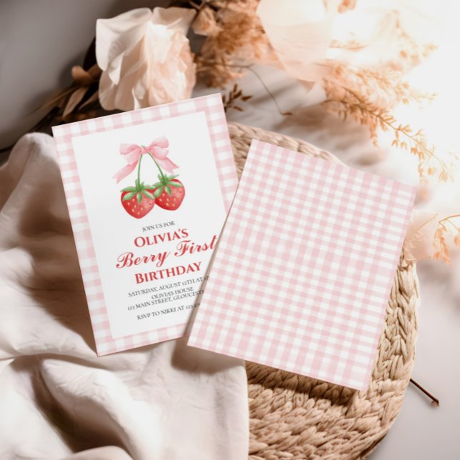 Convites Berry Primeiro Morango Rosa Laço 1º aniversário (Criador carregado)