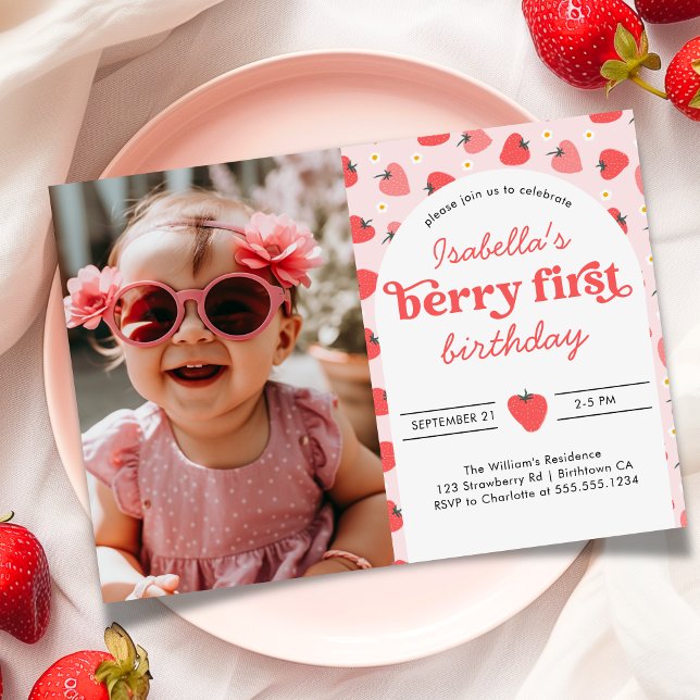 Convites Berry, Primeiro Partido do primeiro aniversario de (Beery First Photo Birthday Invite)