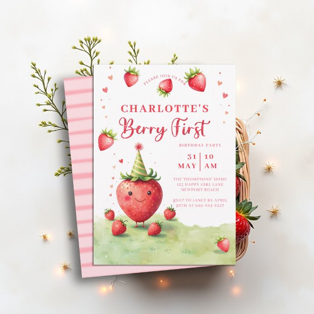 Convites Berry Primeiro Patch Adorável de Morango Aniversár (berry first birthday party invitation girls cute strawberry 1st watercolor summer farmhouse cottage )