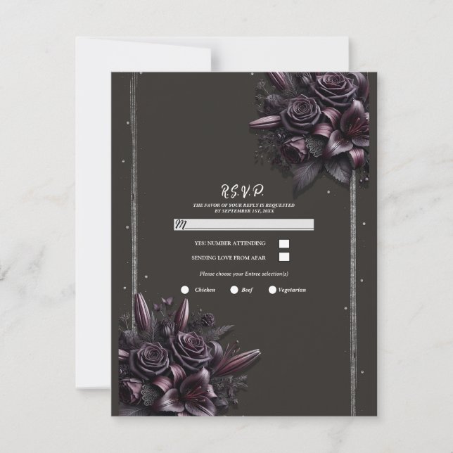 Convites Berry Purple Black Lily Rosa Floral Weding RSVP (Frente)