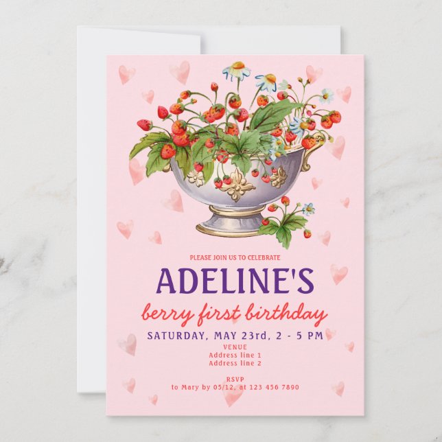 Convites Berry Rosa Primeiro primeiro aniversario Selvagem  (Frente)