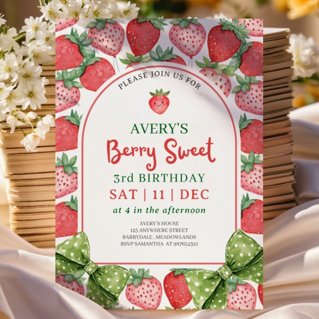 Convites Berry Sweet 3rd Birthday Strawberry Invitation (Criador carregado)