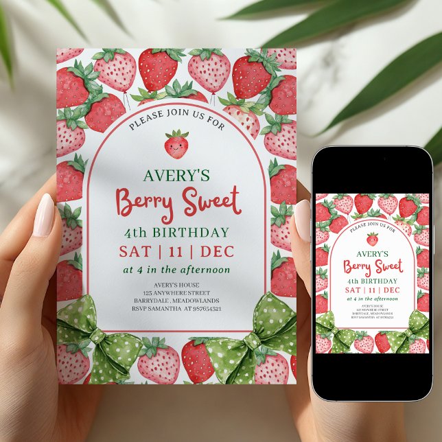 Convites Berry Sweet 4th Birthday Strawberry Invitation (Criador carregado)